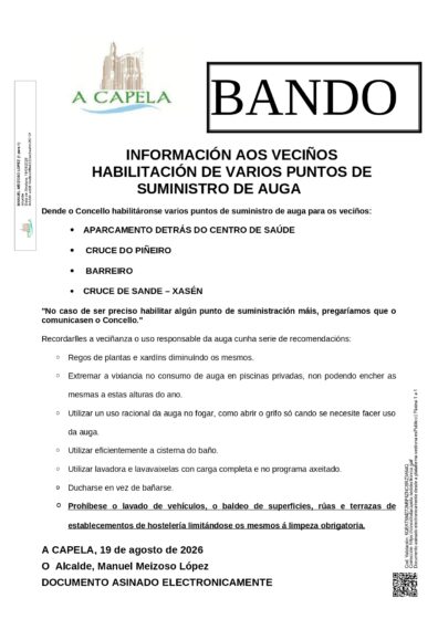 BANDO MUNICIPAL. HABILITACIÓN DE PUNTOS DE SUMINISTRO DE AUGA PARA OS VECIÑOS